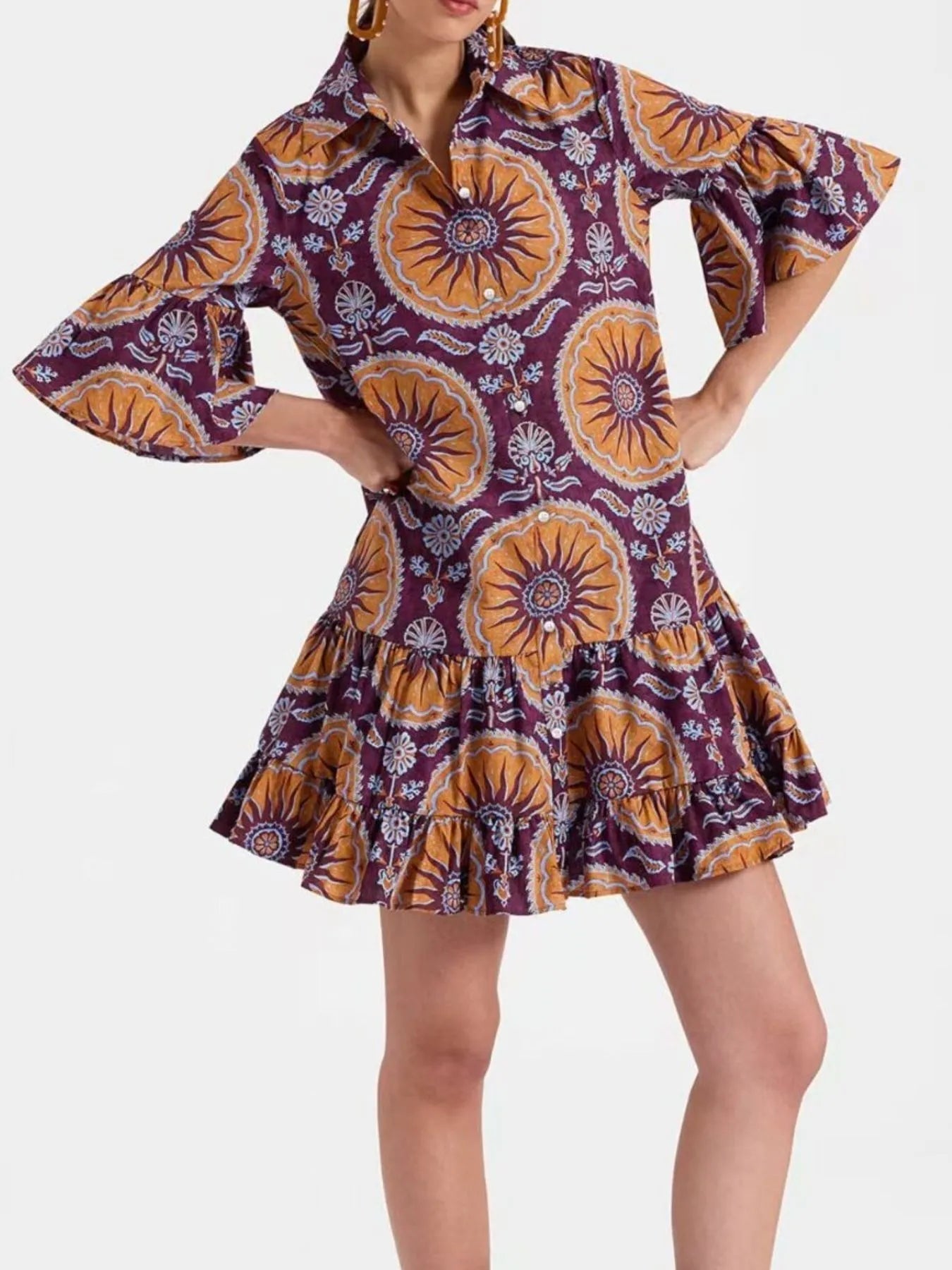 Elegant Floral Print Ruffle Sleeve Mini Dress - adritiX