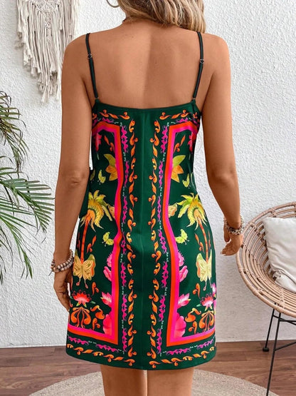 Elegant Floral Print Spaghetti Strap Wrap Mini Dress - adritiX
