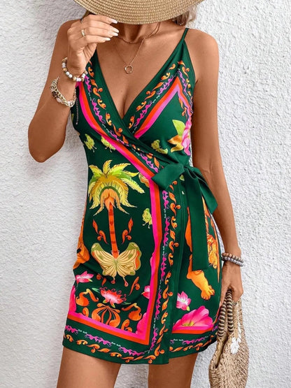 Elegant Floral Print Spaghetti Strap Wrap Mini Dress - adritiX