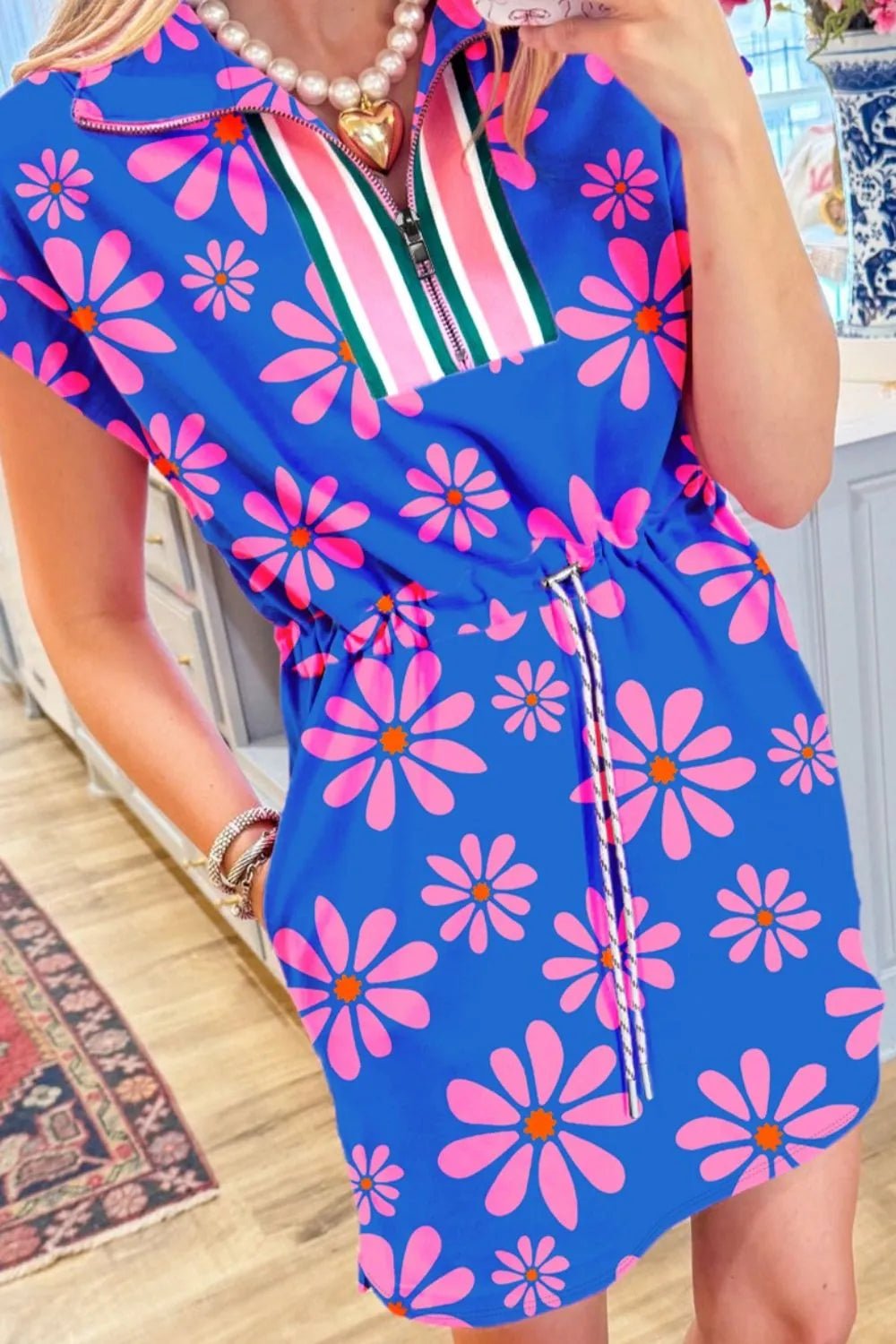 Elegant Floral Print Zip Collar Drawstring Summer Mini Dress - adritiX