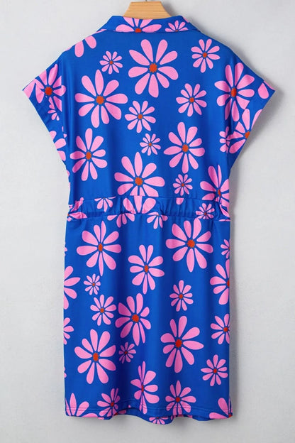 Elegant Floral Print Zip Collar Drawstring Summer Mini Dress - adritiX