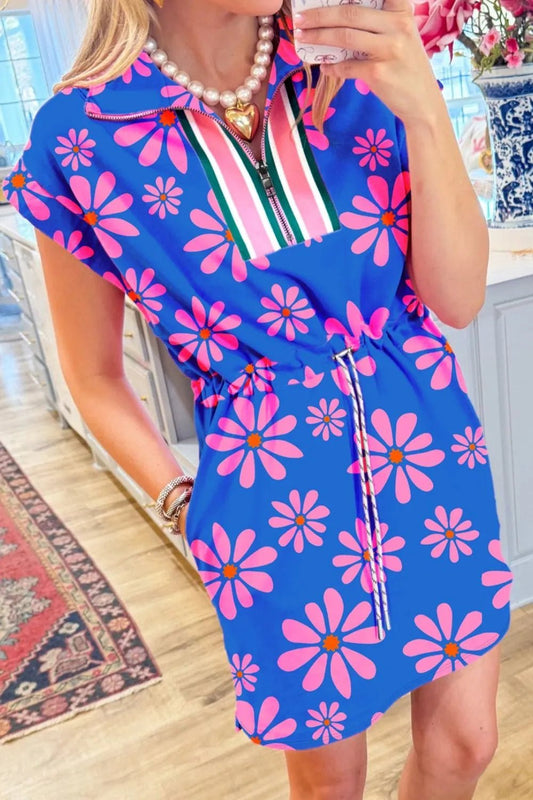 Elegant Floral Print Zip Collar Drawstring Summer Mini Dress - adritiX