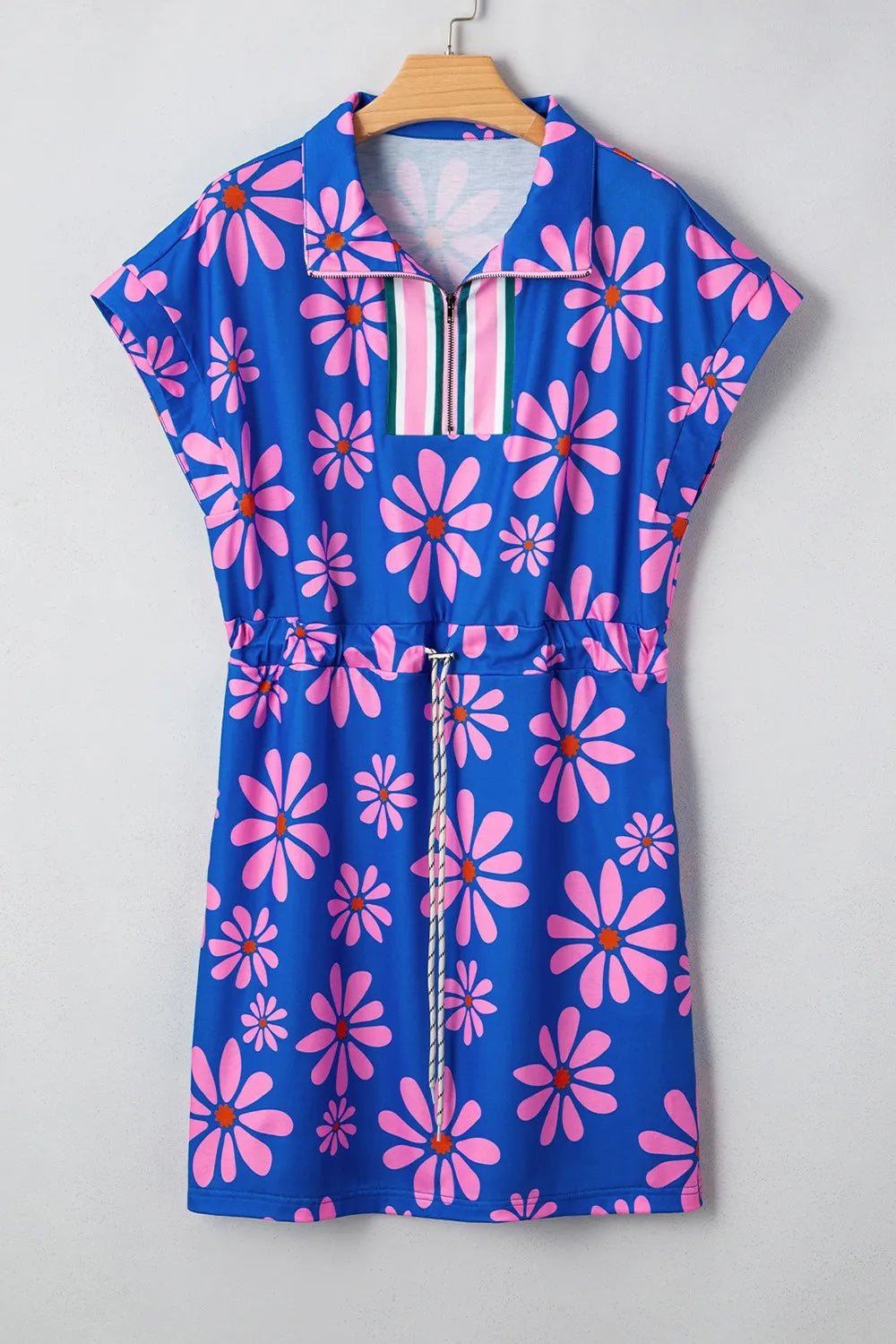 Elegant Floral Print Zip Collar Drawstring Summer Mini Dress - adritiX