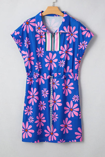 Elegant Floral Print Zip Collar Drawstring Summer Mini Dress - adritiX