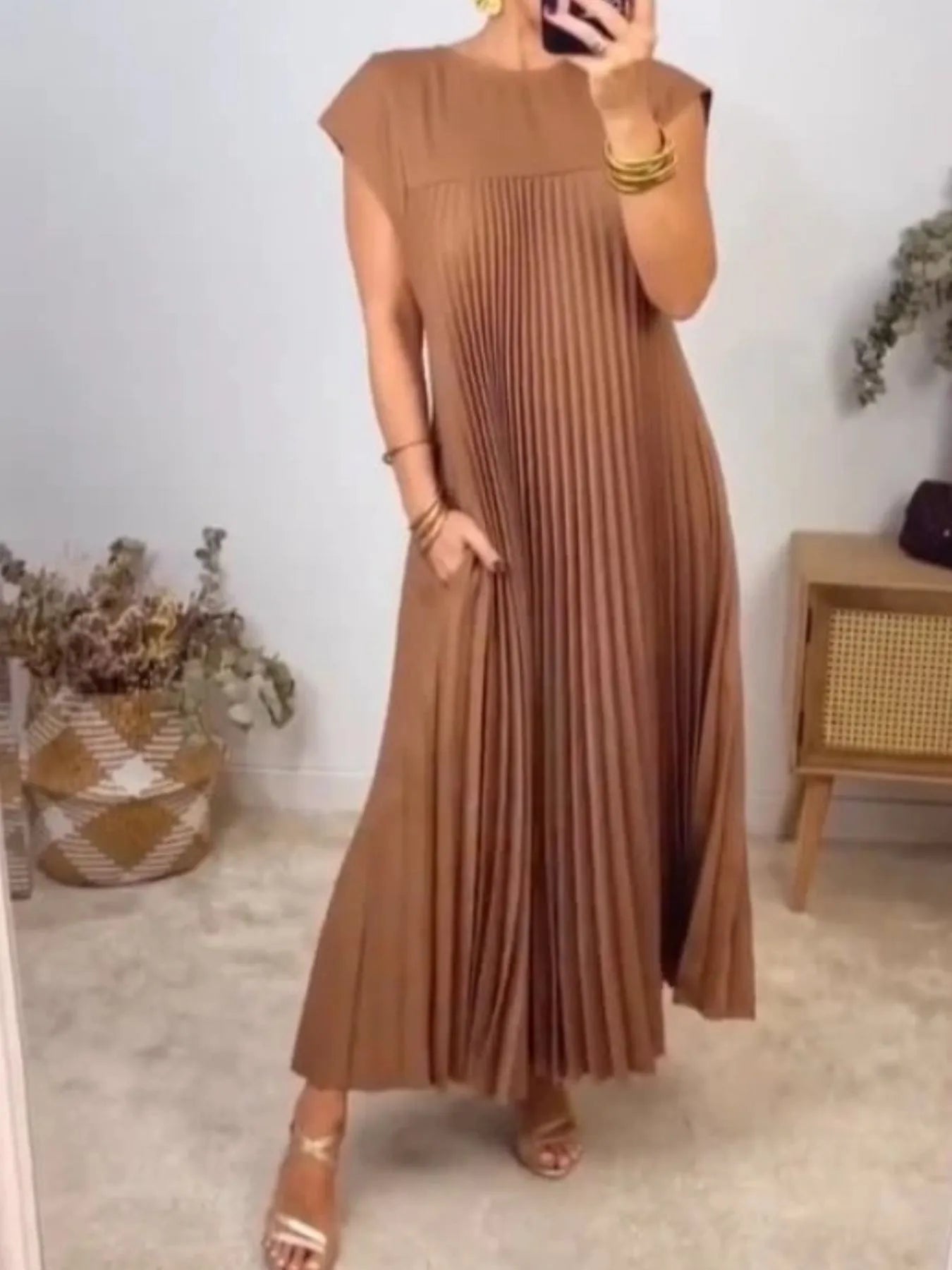 Elegant Full Size Pleated Round Neck Maxi Dress Plus Size - adritiX