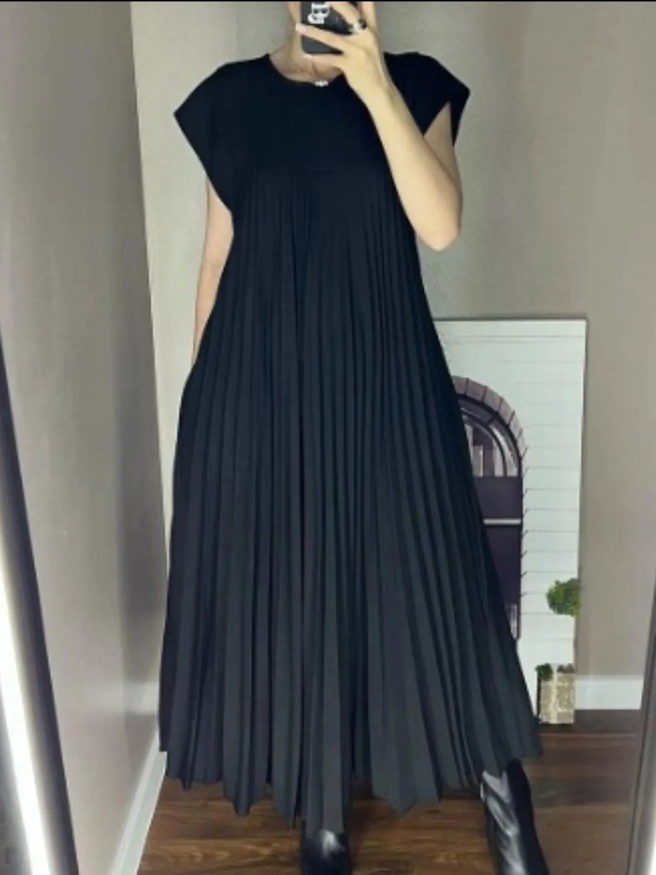 Elegant Full Size Pleated Round Neck Maxi Dress Plus Size - adritiX