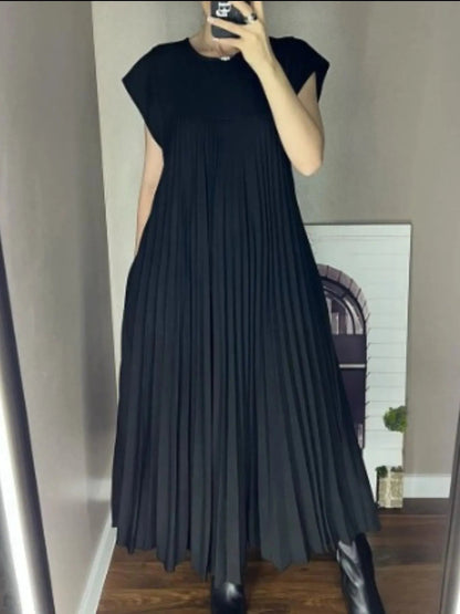 Elegant Full Size Pleated Round Neck Maxi Dress Plus Size - adritiX