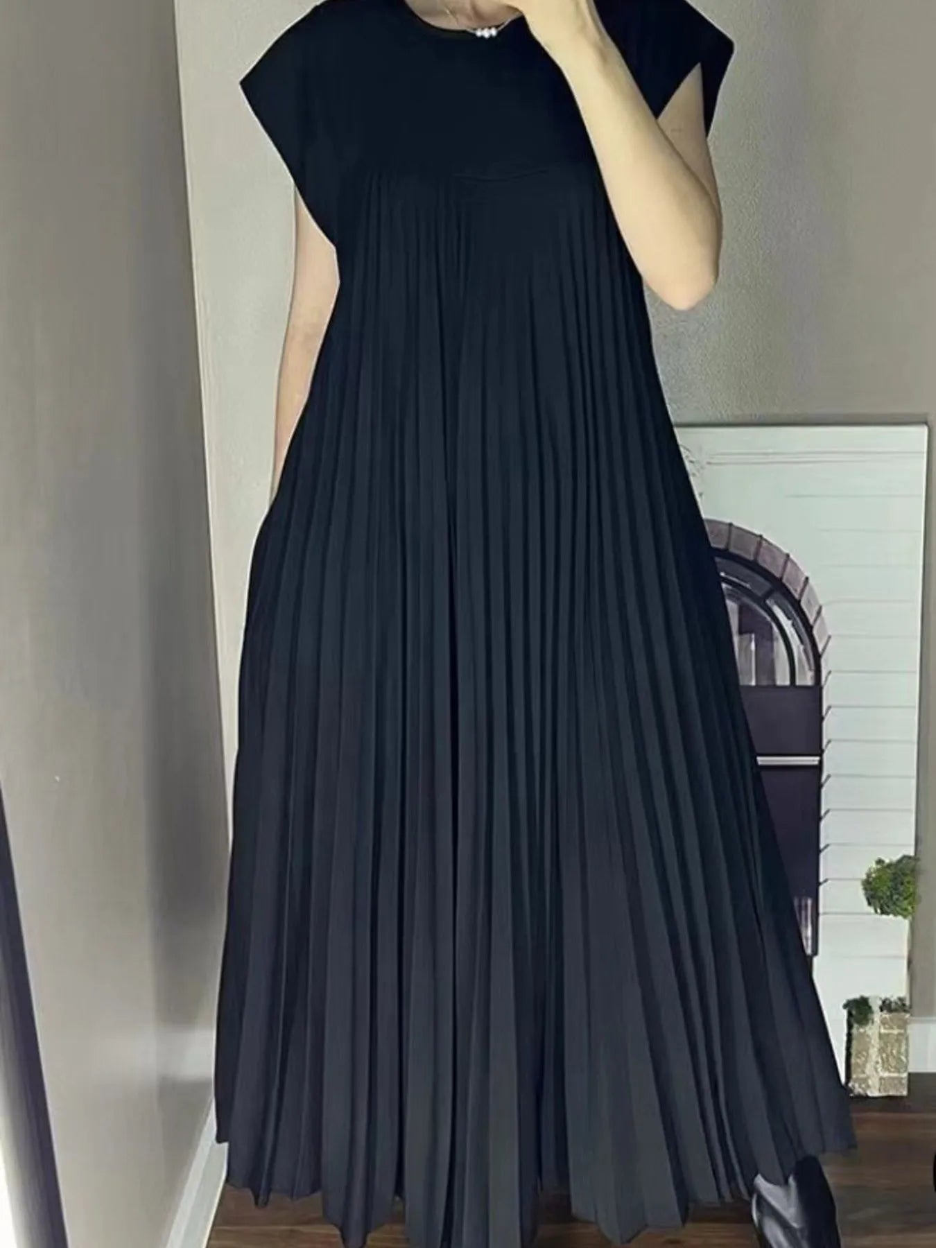 Elegant Full Size Pleated Round Neck Maxi Dress Plus Size - adritiX