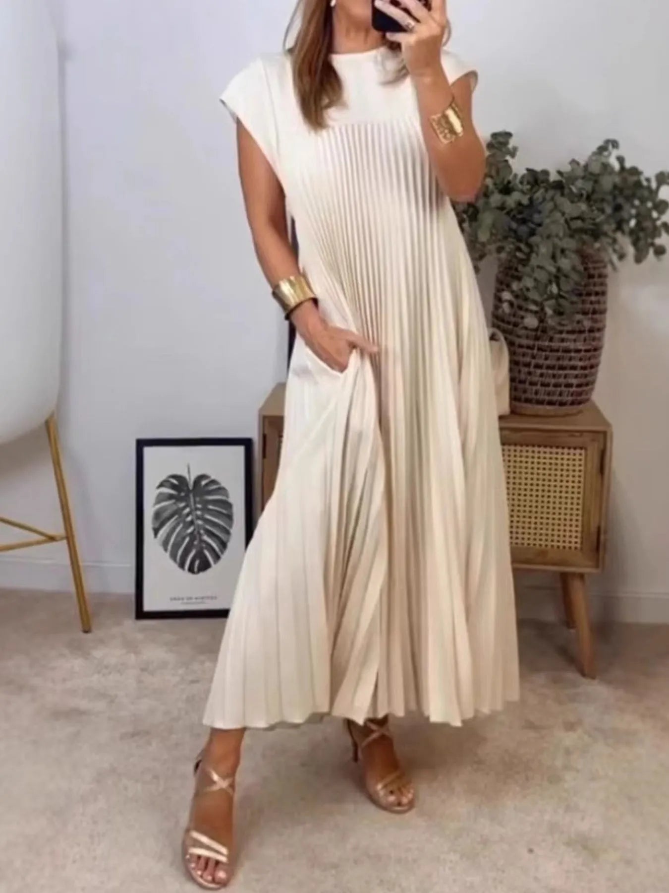Elegant Full Size Pleated Round Neck Maxi Dress Plus Size - adritiX