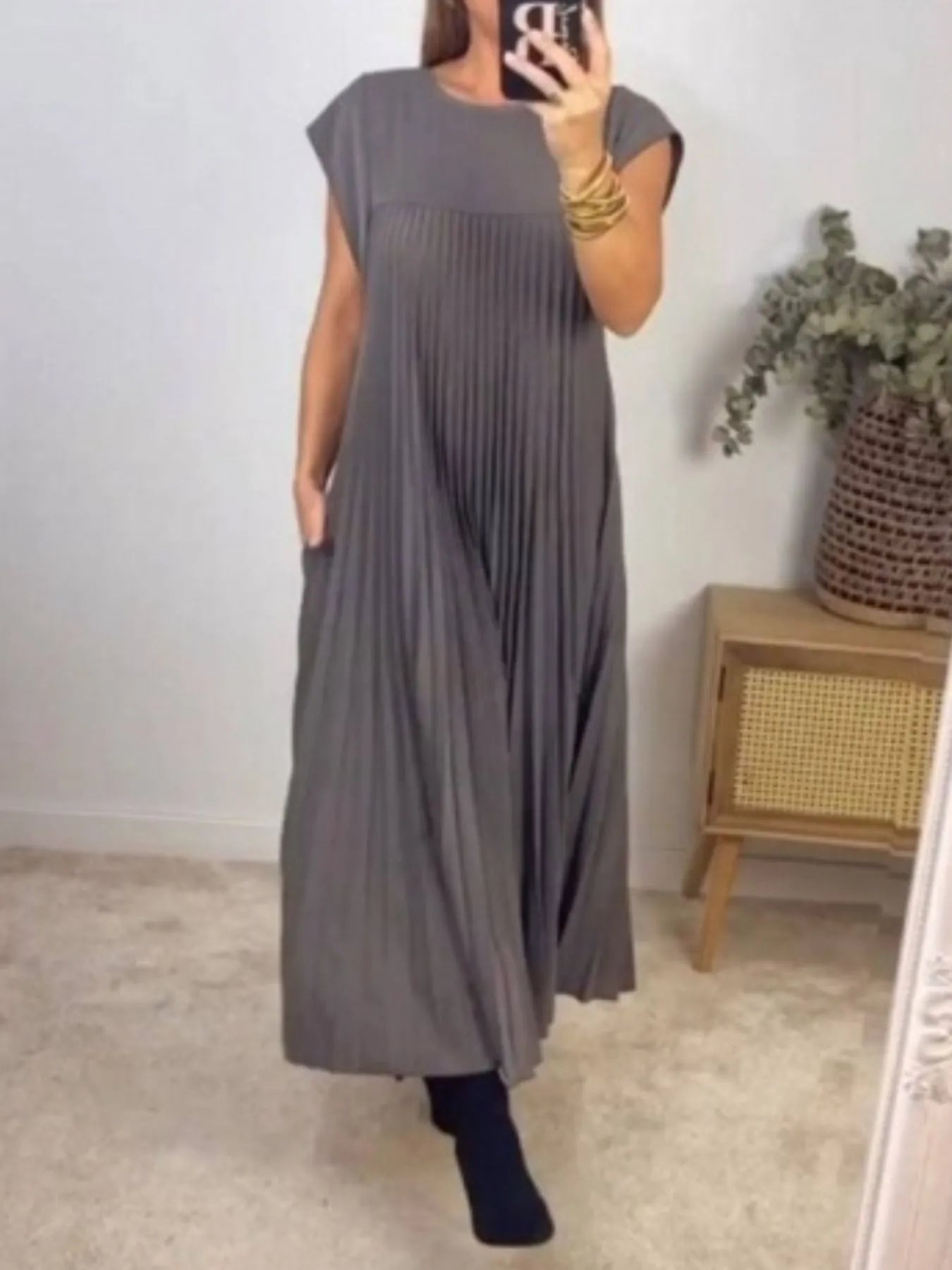 Elegant Full Size Pleated Round Neck Maxi Dress Plus Size - adritiX