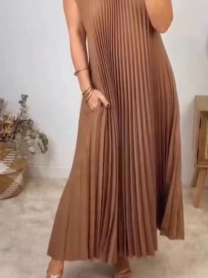 Elegant Full Size Pleated Round Neck Maxi Dress Plus Size - adritiX