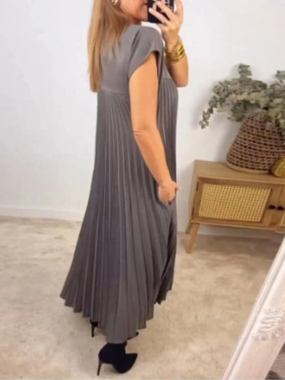 Elegant Full Size Pleated Round Neck Maxi Dress Plus Size - adritiX