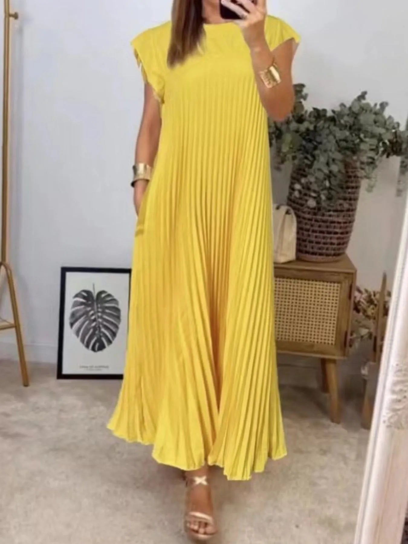 Elegant Full Size Pleated Round Neck Maxi Dress Plus Size - adritiX