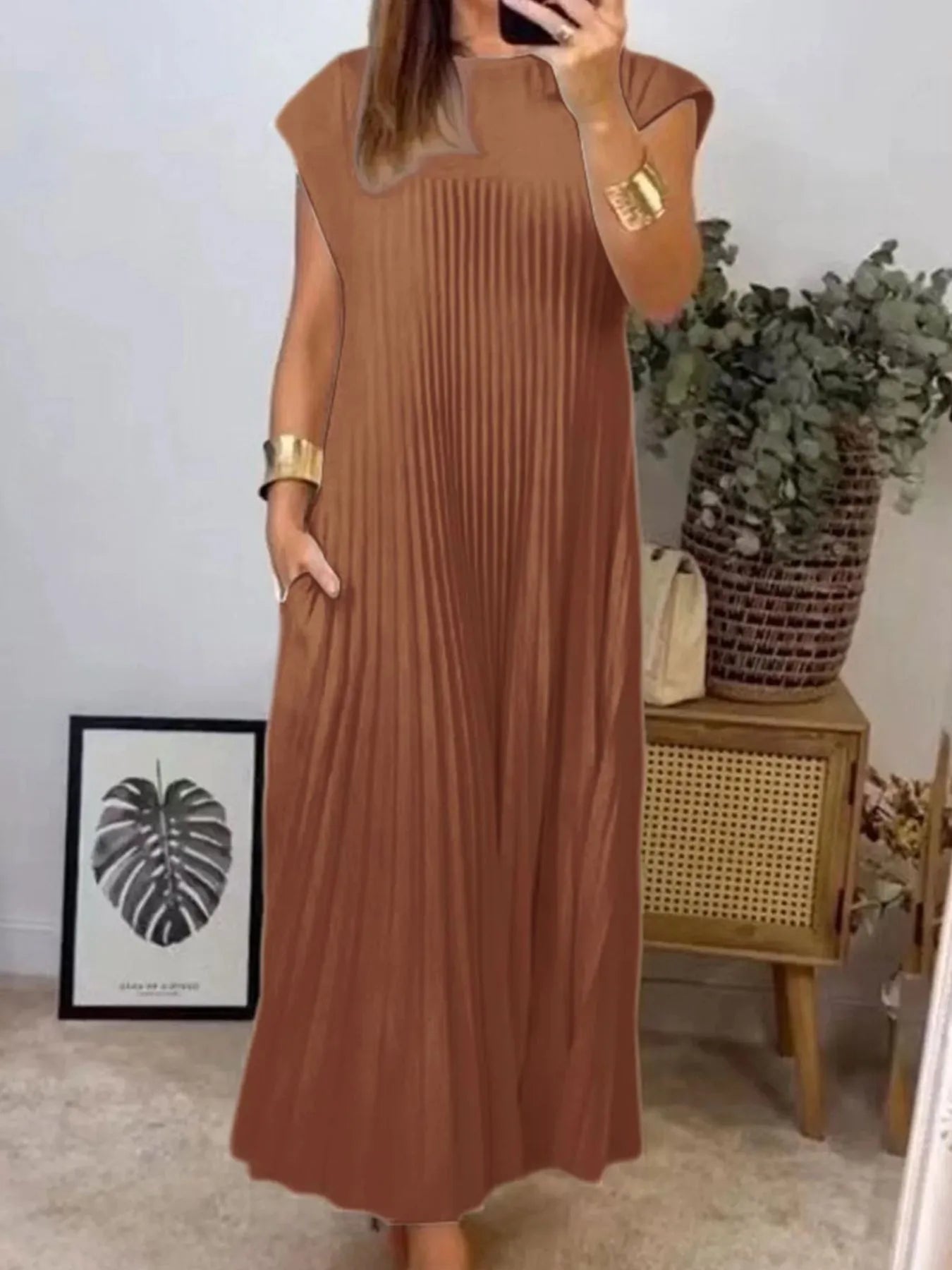 Elegant Full Size Pleated Round Neck Maxi Dress Plus Size - adritiX
