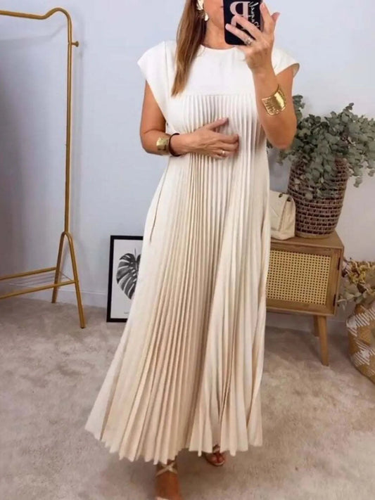 Elegant Full Size Pleated Round Neck Maxi Dress Plus Size - adritiX