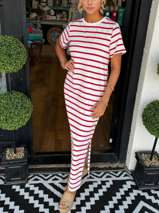 Elegant Full Size Striped T-Shirt Maxi Dress with Side Slit Plus Size - adritiX