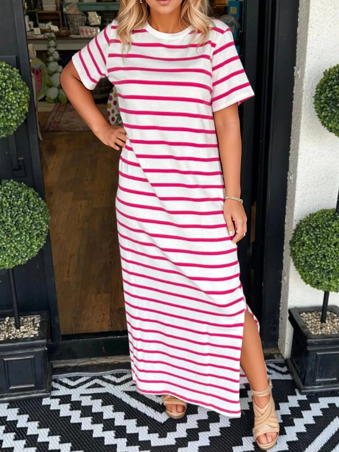 Elegant Full Size Striped T-Shirt Maxi Dress with Side Slit Plus Size - adritiX