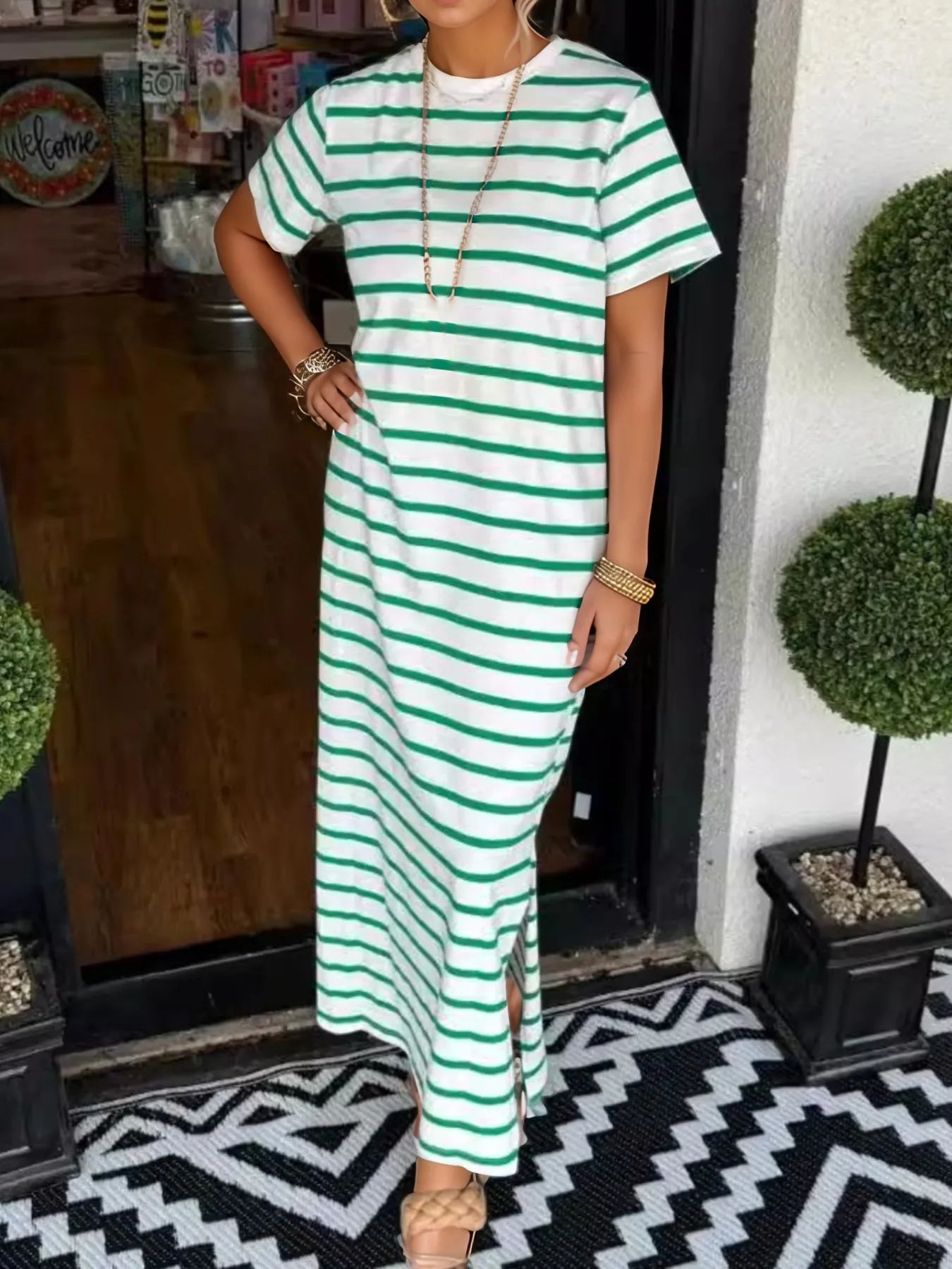 Elegant Full Size Striped T-Shirt Maxi Dress with Side Slit Plus Size - adritiX