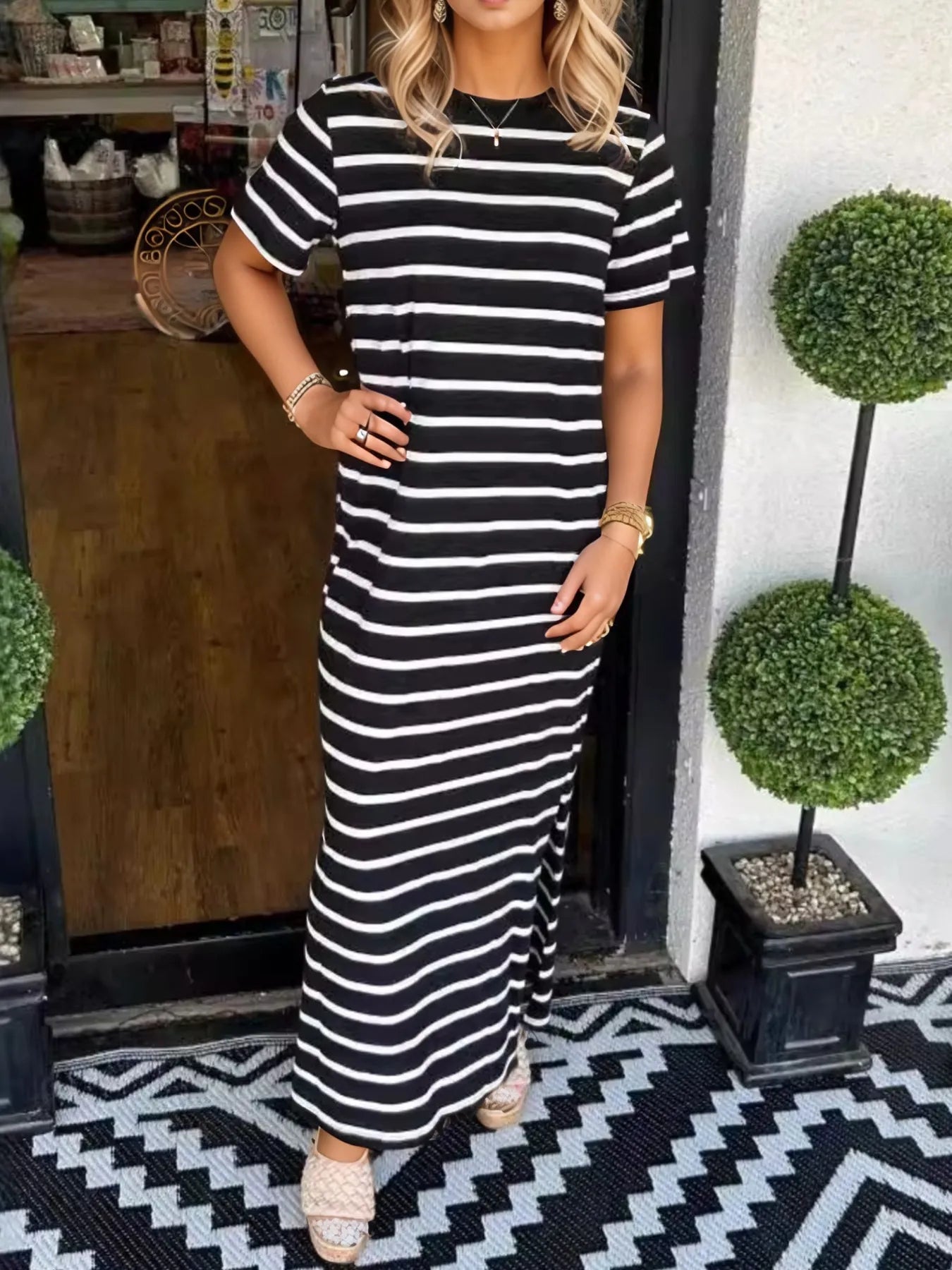 Elegant Full Size Striped T-Shirt Maxi Dress with Side Slit Plus Size - adritiX