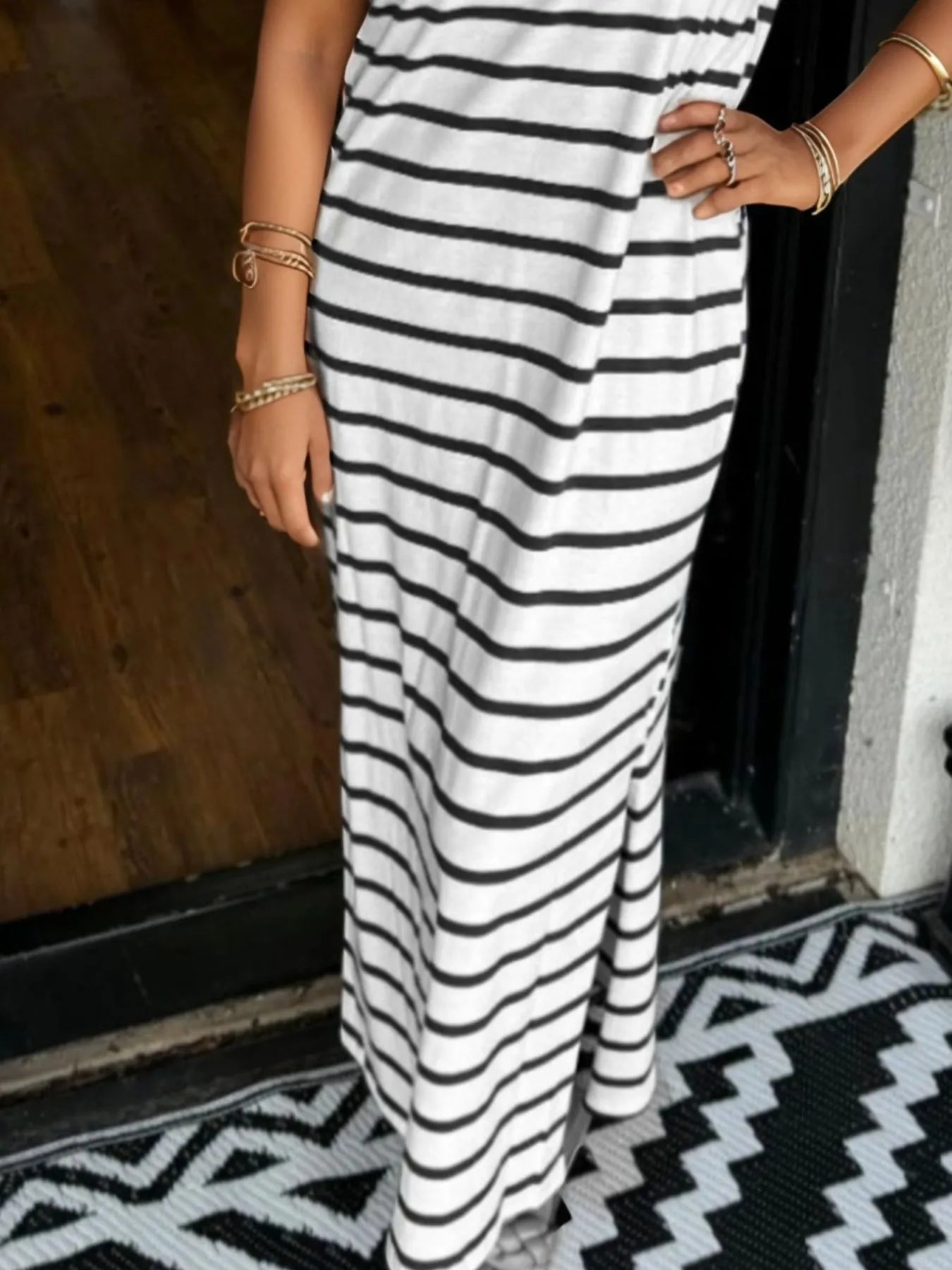 Elegant Full Size Striped T-Shirt Maxi Dress with Side Slit Plus Size - adritiX