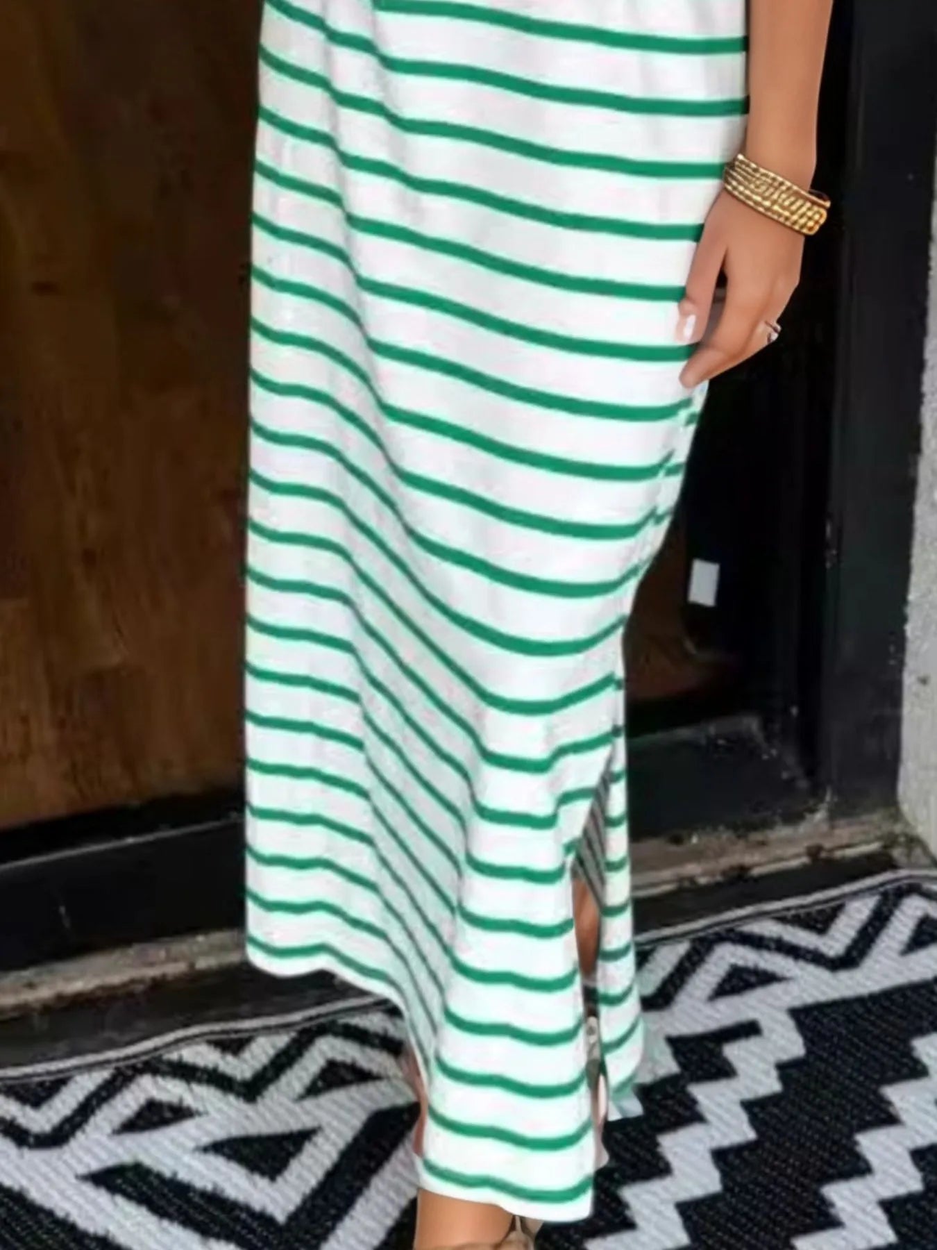 Elegant Full Size Striped T-Shirt Maxi Dress with Side Slit Plus Size - adritiX