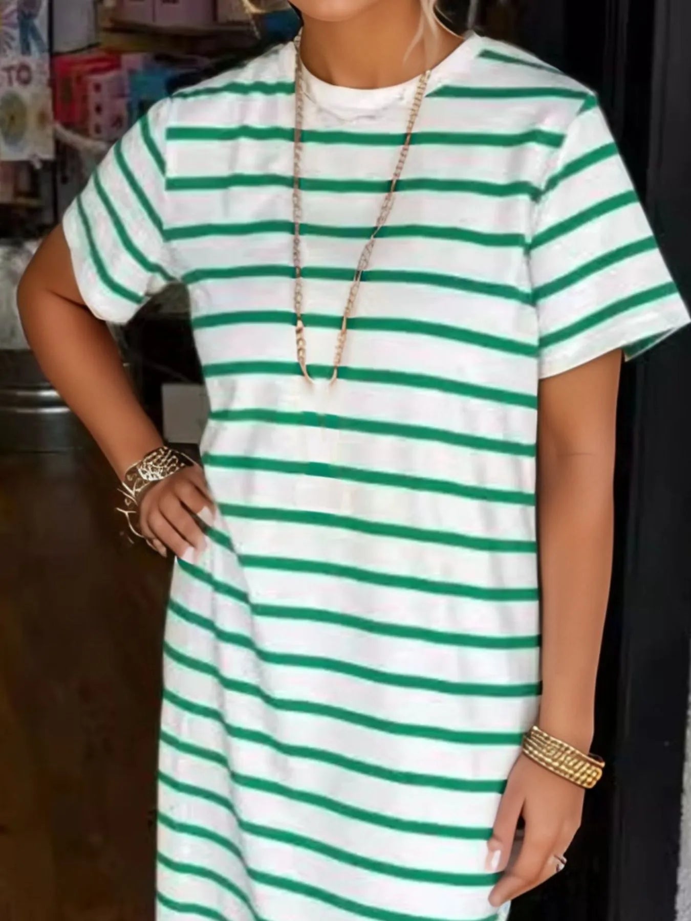 Elegant Full Size Striped T-Shirt Maxi Dress with Side Slit Plus Size - adritiX