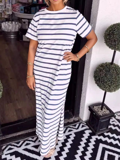Elegant Full Size Striped T-Shirt Maxi Dress with Side Slit Plus Size - adritiX