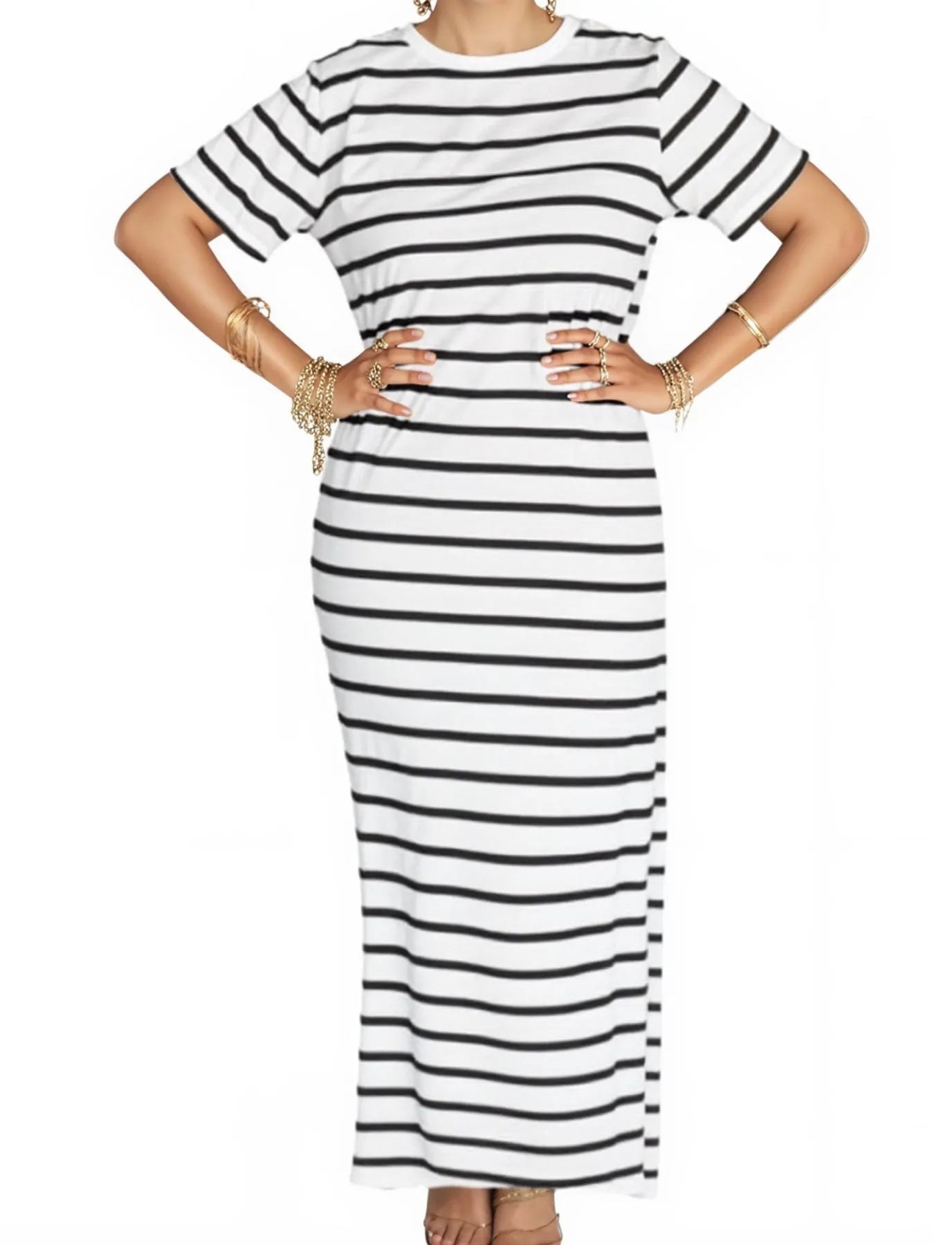 Elegant Full Size Striped T-Shirt Maxi Dress with Side Slit Plus Size - adritiX