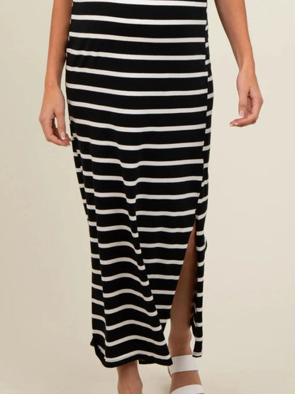 Elegant Full Size Striped T-Shirt Maxi Dress with Side Slit Plus Size - adritiX