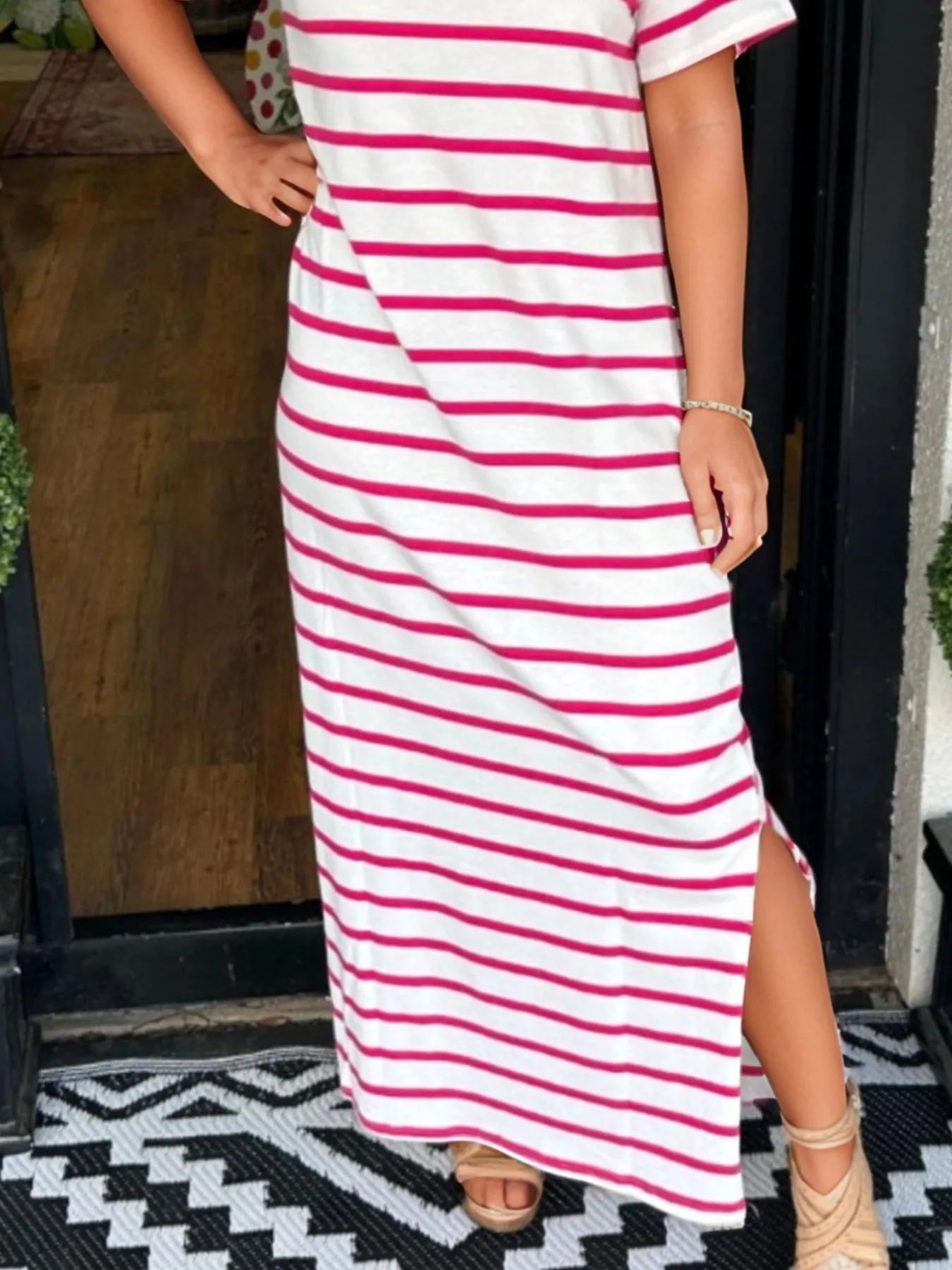 Elegant Full Size Striped T-Shirt Maxi Dress with Side Slit Plus Size - adritiX