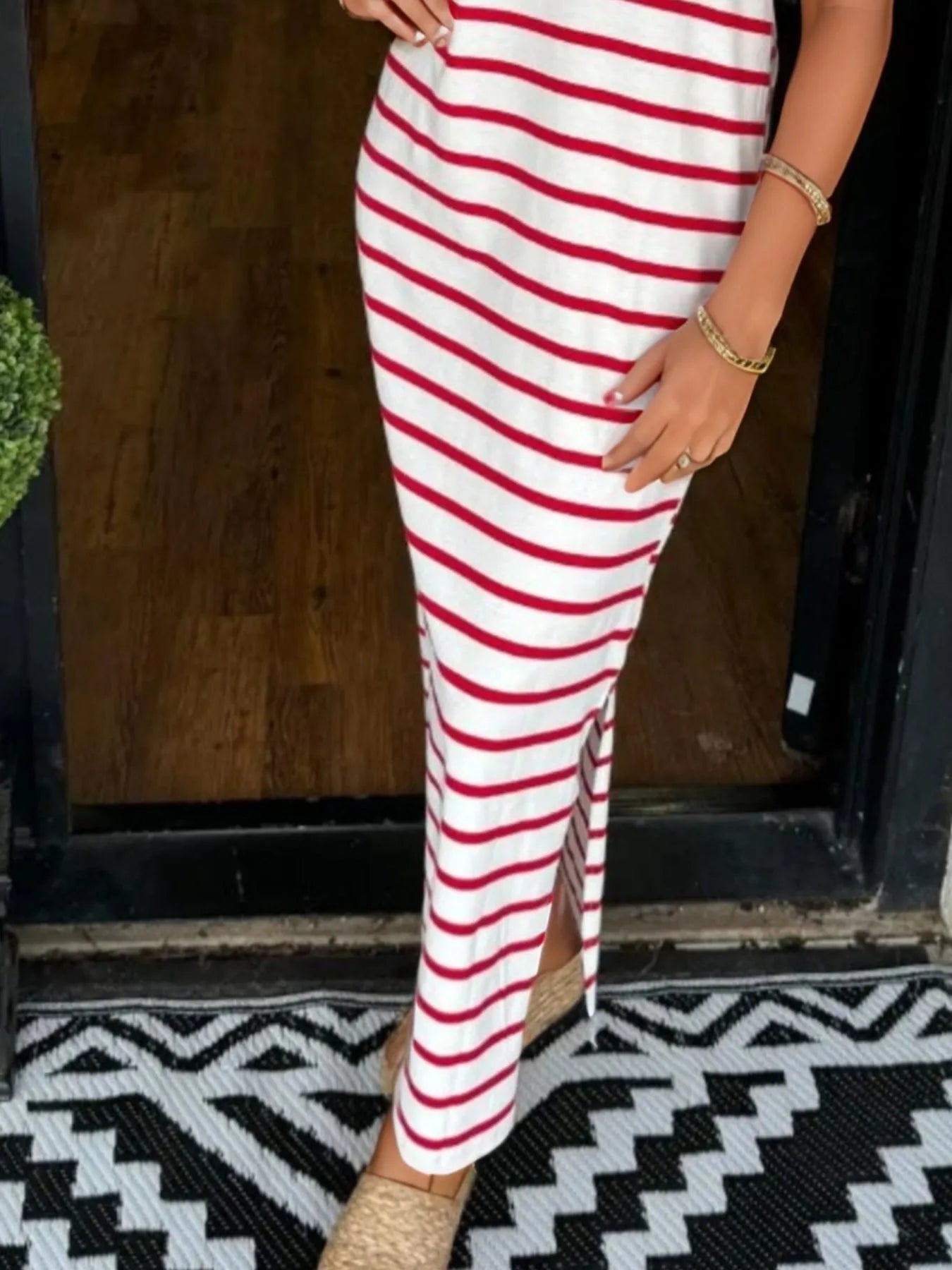 Elegant Full Size Striped T-Shirt Maxi Dress with Side Slit Plus Size - adritiX