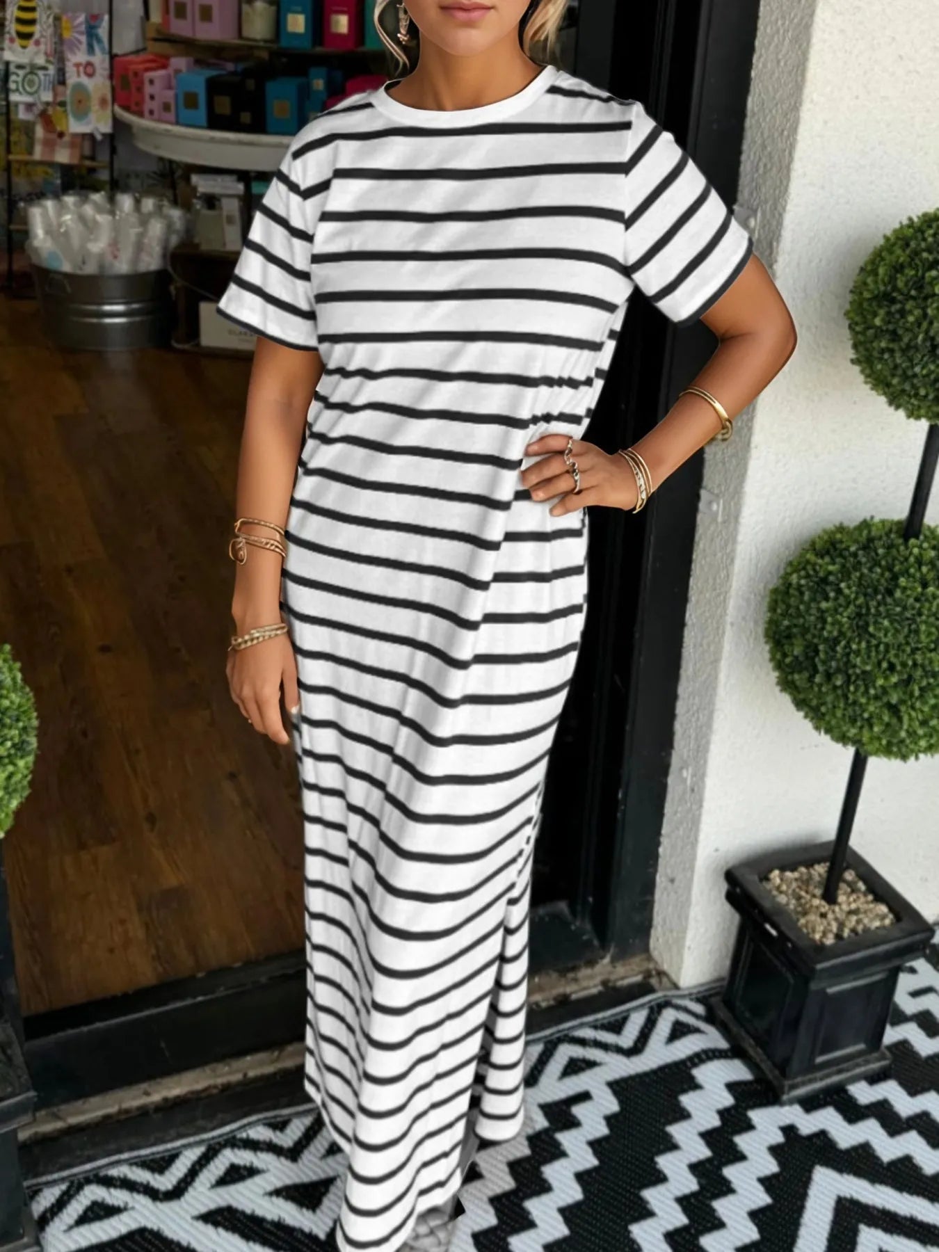 Elegant Full Size Striped T-Shirt Maxi Dress with Side Slit Plus Size - adritiX