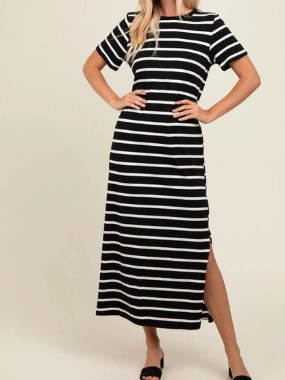 Elegant Full Size Striped T-Shirt Maxi Dress with Side Slit Plus Size - adritiX