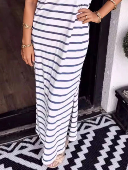 Elegant Full Size Striped T-Shirt Maxi Dress with Side Slit Plus Size - adritiX