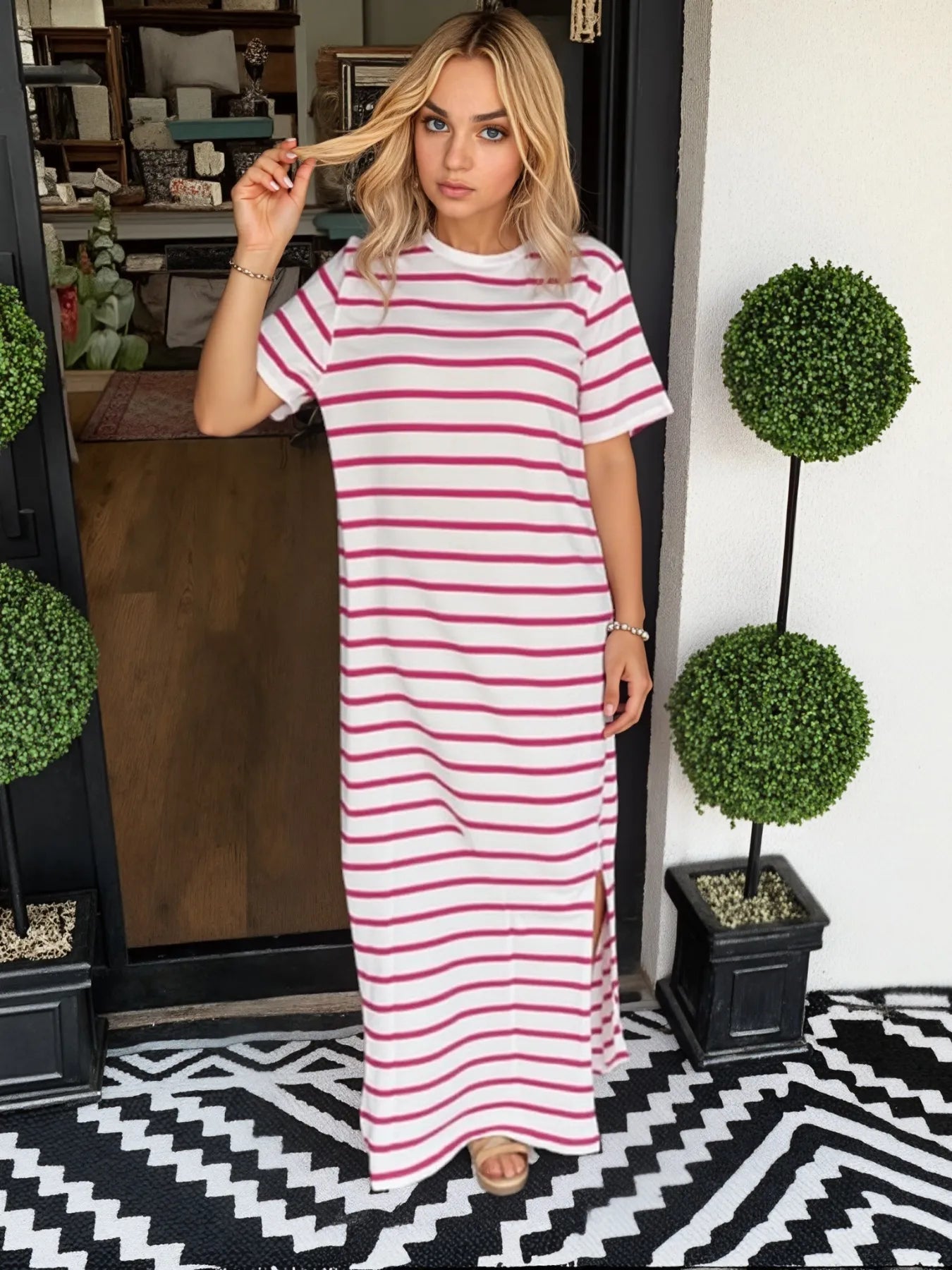 Elegant Full Size Striped T-Shirt Maxi Dress with Side Slit Plus Size - adritiX