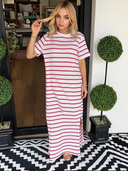 Elegant Full Size Striped T-Shirt Maxi Dress with Side Slit Plus Size - adritiX