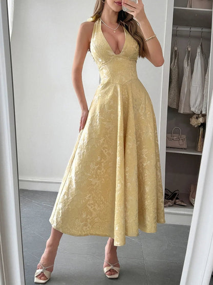 Elegant Halter Neck Midi Dress with Pockets - adritiX