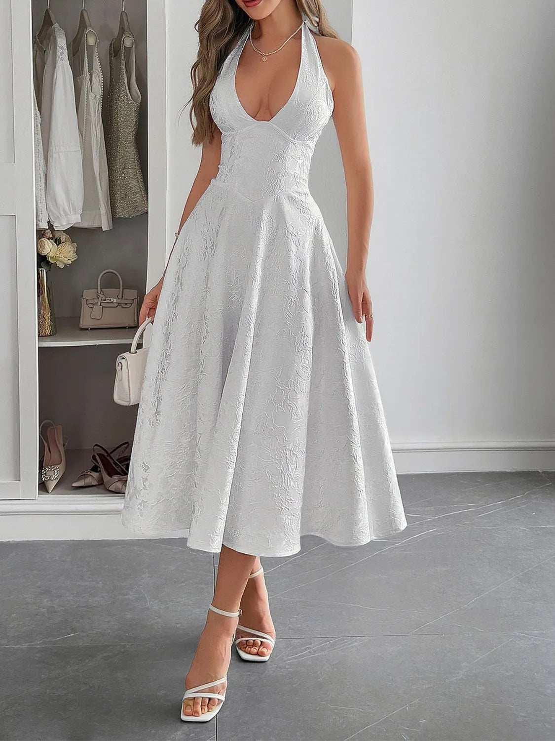 Elegant Halter Neck Midi Dress with Pockets - adritiX