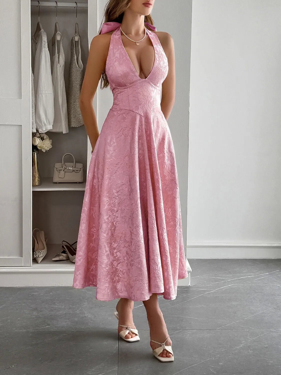 Elegant Halter Neck Midi Dress with Pockets - adritiX