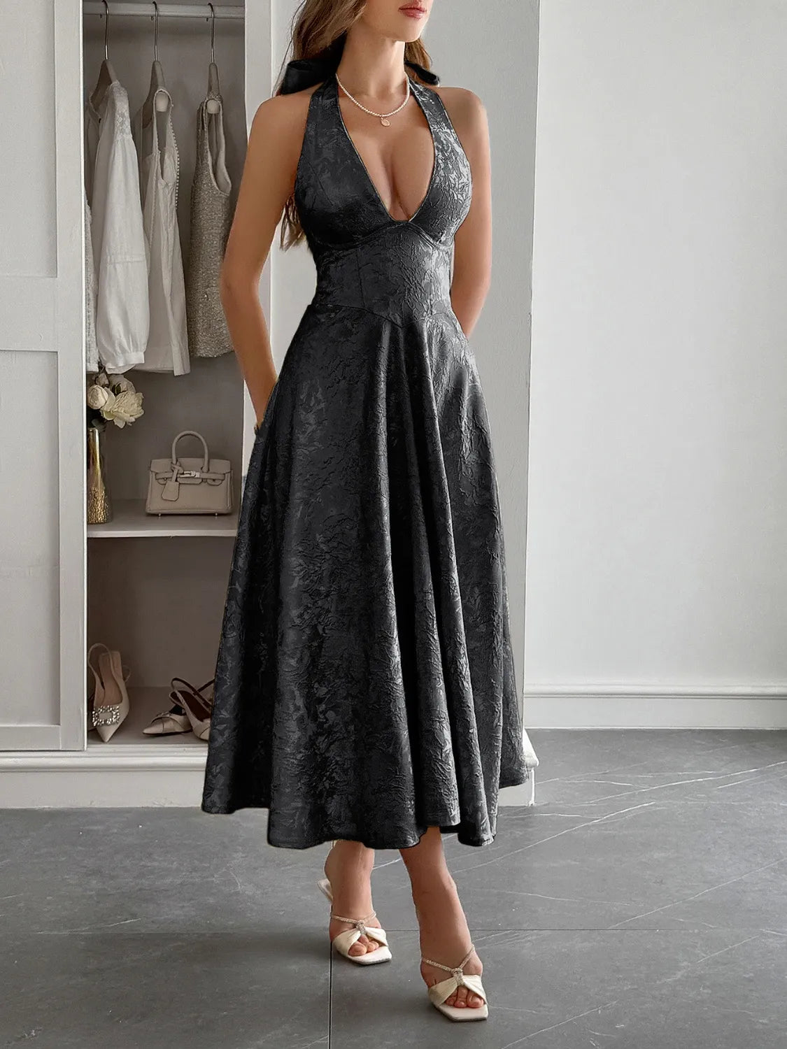 Elegant Halter Neck Midi Dress with Pockets - adritiX