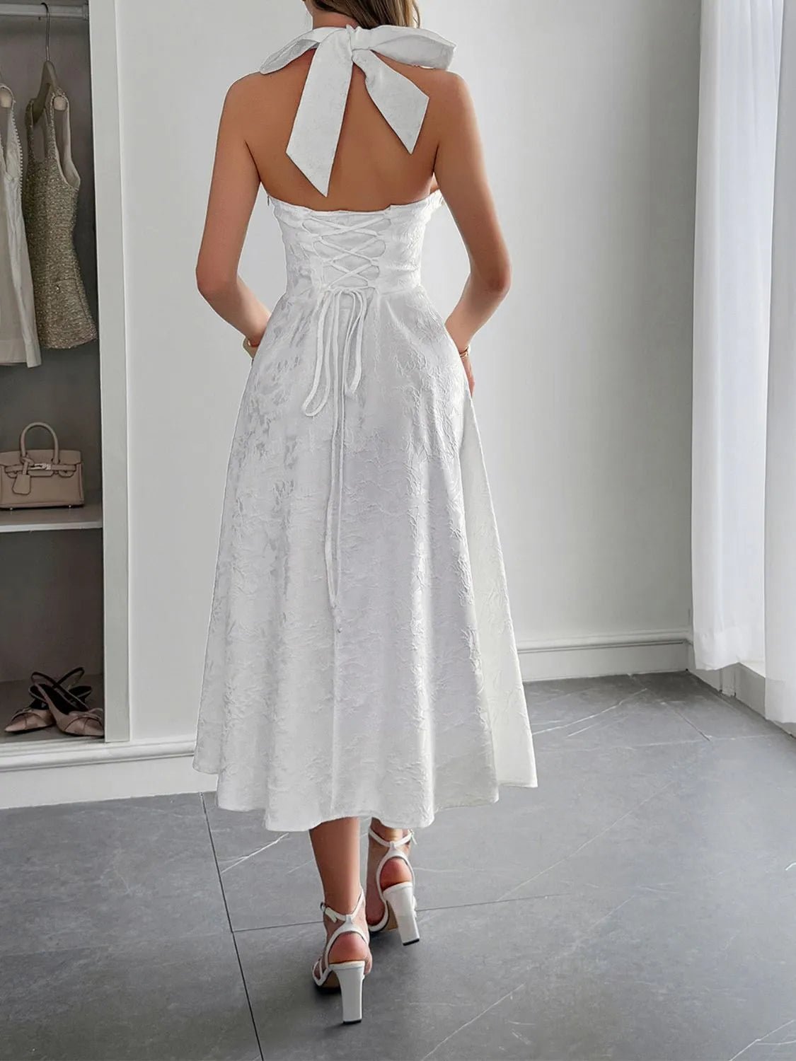 Elegant Halter Neck Midi Dress with Pockets - adritiX