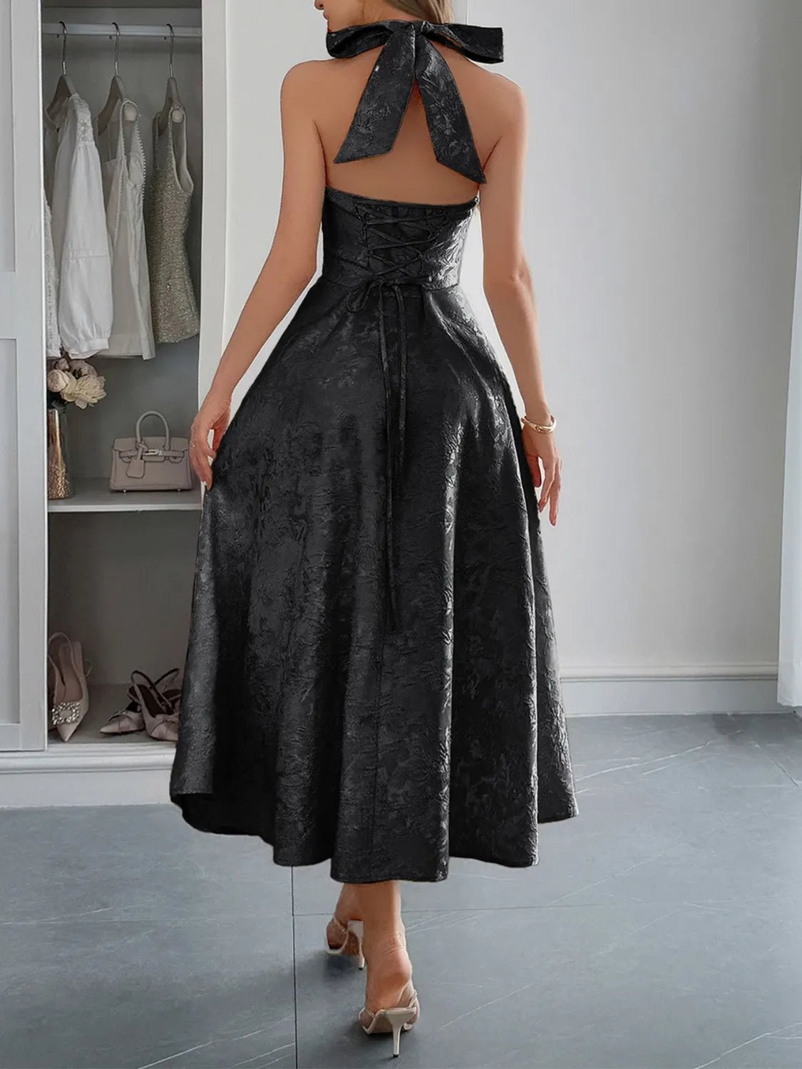 Elegant Halter Neck Midi Dress with Pockets - adritiX