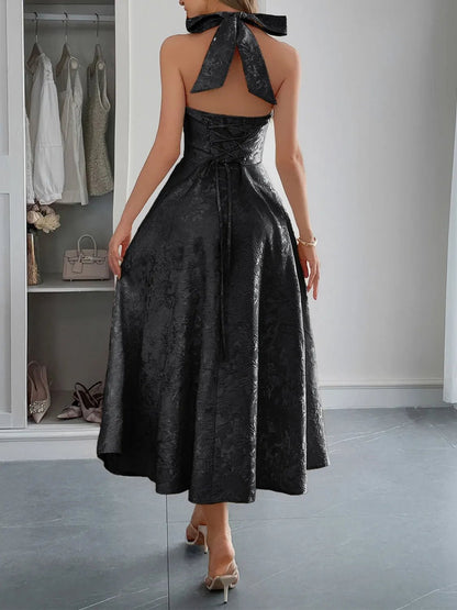 Elegant Halter Neck Midi Dress with Pockets - adritiX