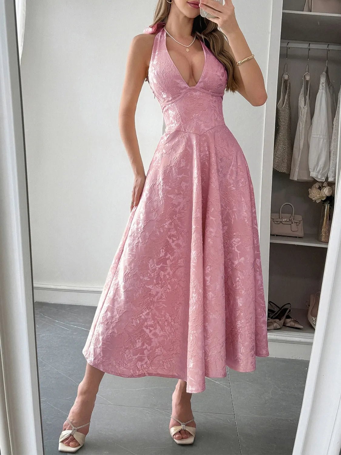 Elegant Halter Neck Midi Dress with Pockets - adritiX