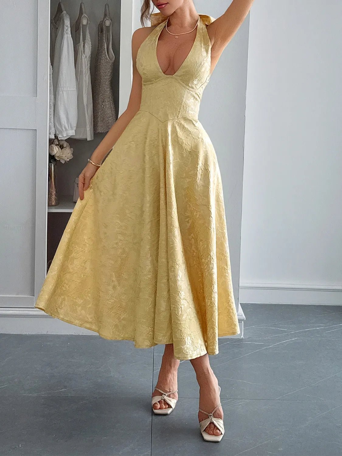 Elegant Halter Neck Midi Dress with Pockets - adritiX