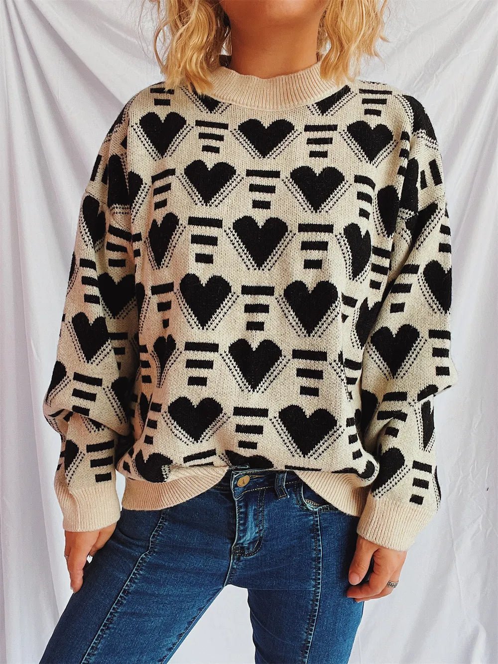 Elegant Heart Contrast Long Sleeve Dropped Shoulder Sweater - adritiX