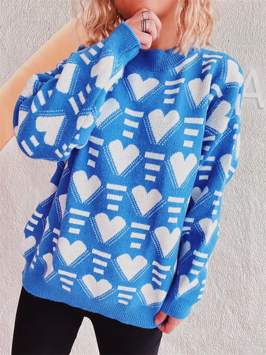 Elegant Heart Contrast Long Sleeve Dropped Shoulder Sweater - adritiX