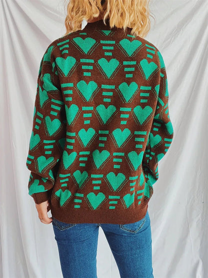 Elegant Heart Contrast Long Sleeve Dropped Shoulder Sweater - adritiX