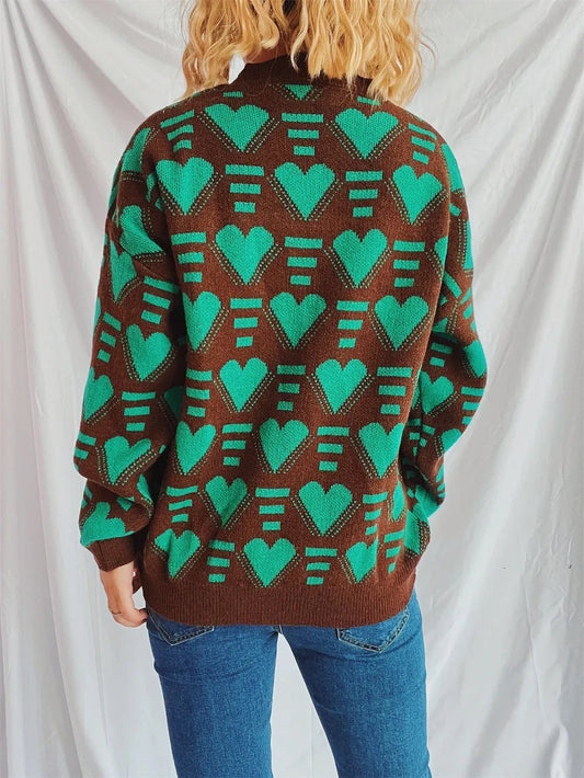Elegant Heart Contrast Long Sleeve Dropped Shoulder Sweater - adritiX