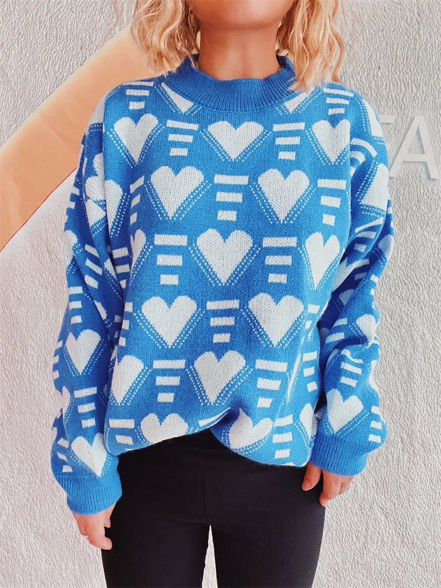 Elegant Heart Contrast Long Sleeve Dropped Shoulder Sweater - adritiX
